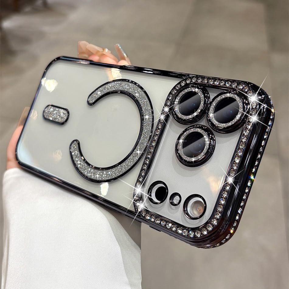Image of for iPhone 17 Pro Max Magnetic Glitter Case,Luxury Bling Rhinestone Diamond Plated Bumper Case Sparkle Camera Lens Protection Clear Cover for iPhone 17 Pro Max (Black)