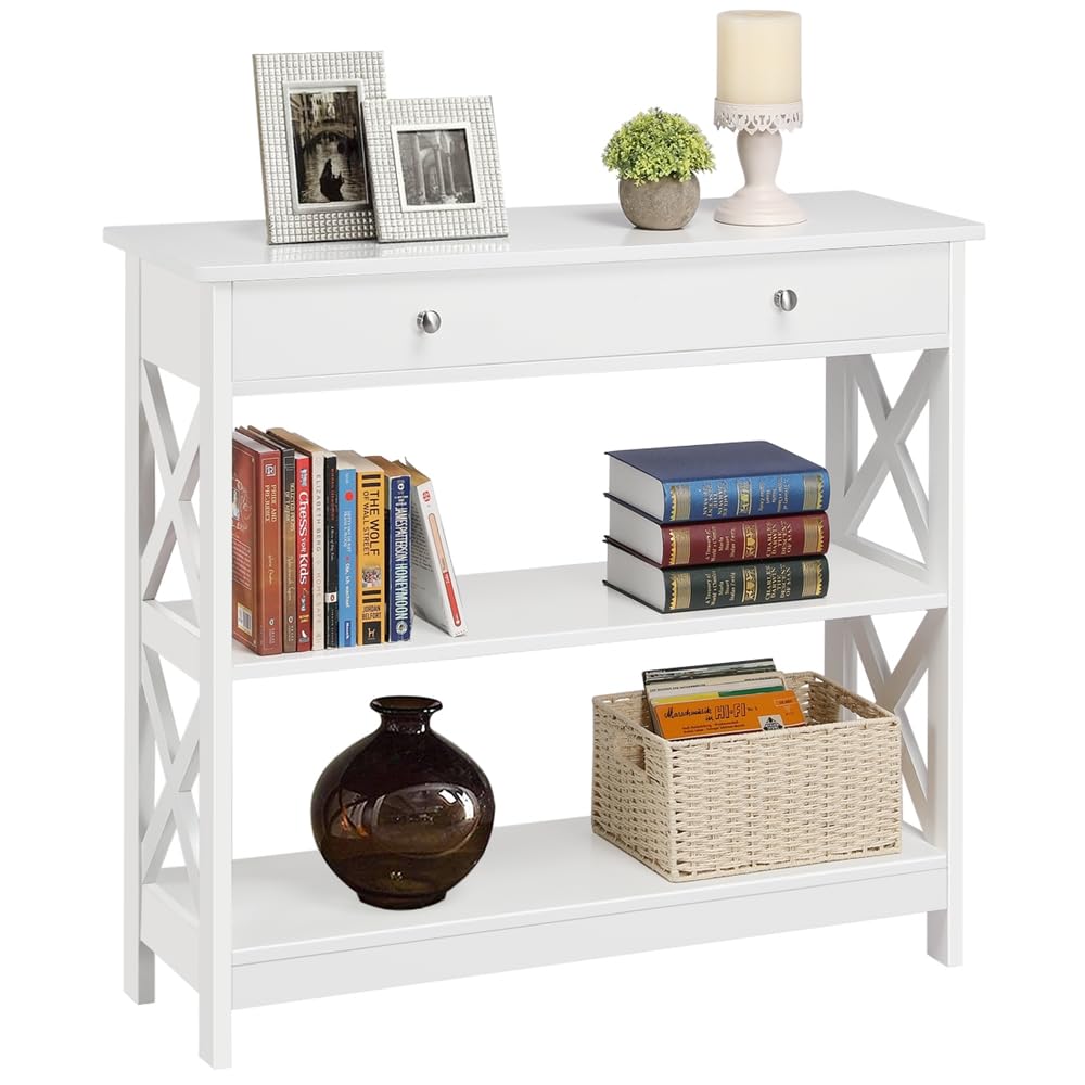 Yaheetech Table Console en Bois MDF Meuble d'Entrée avec 2 Etagère de Rangement Design en Forme X pour Salon Couloir Table d'appoint Blanc 80 × 30 × 80 cm | Console blanche en bois, style vintage, meuble auxiliaire de rangement pour canapé, salon, couloir