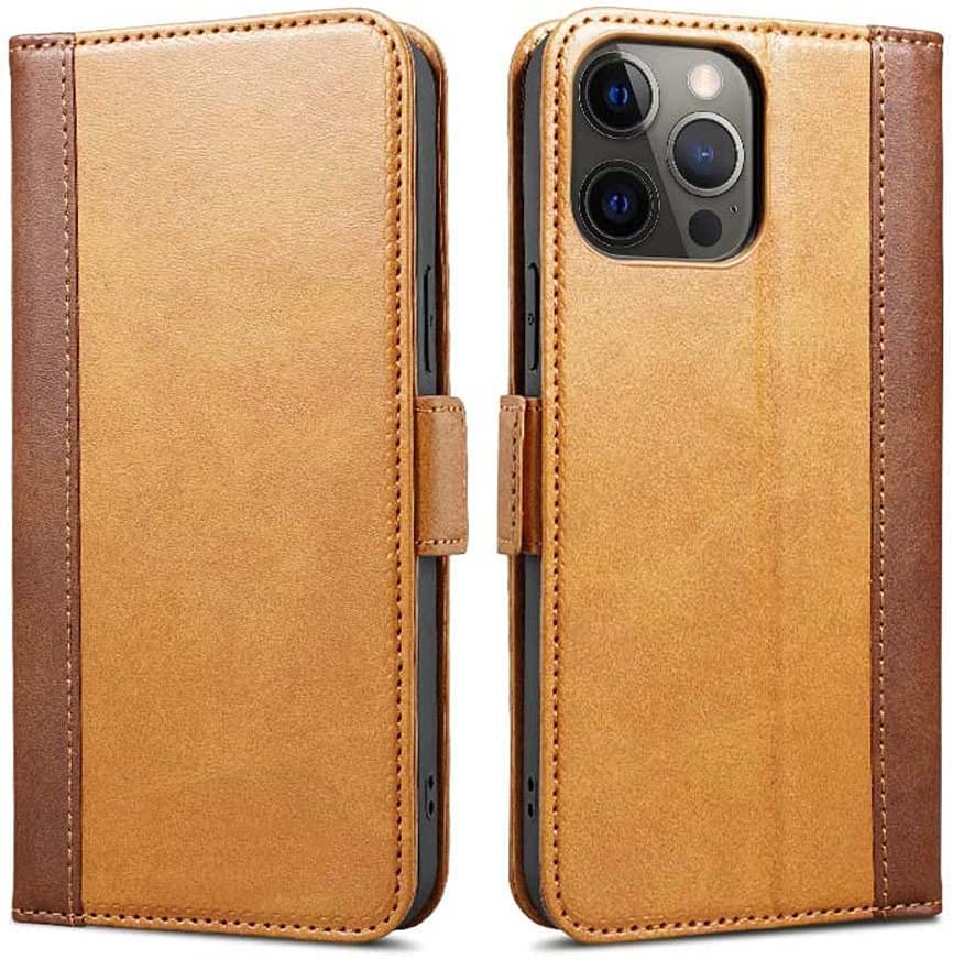 Housse iPhone 13 Pro avec fermeture magnétique et étui portefeuille antichoc kaki