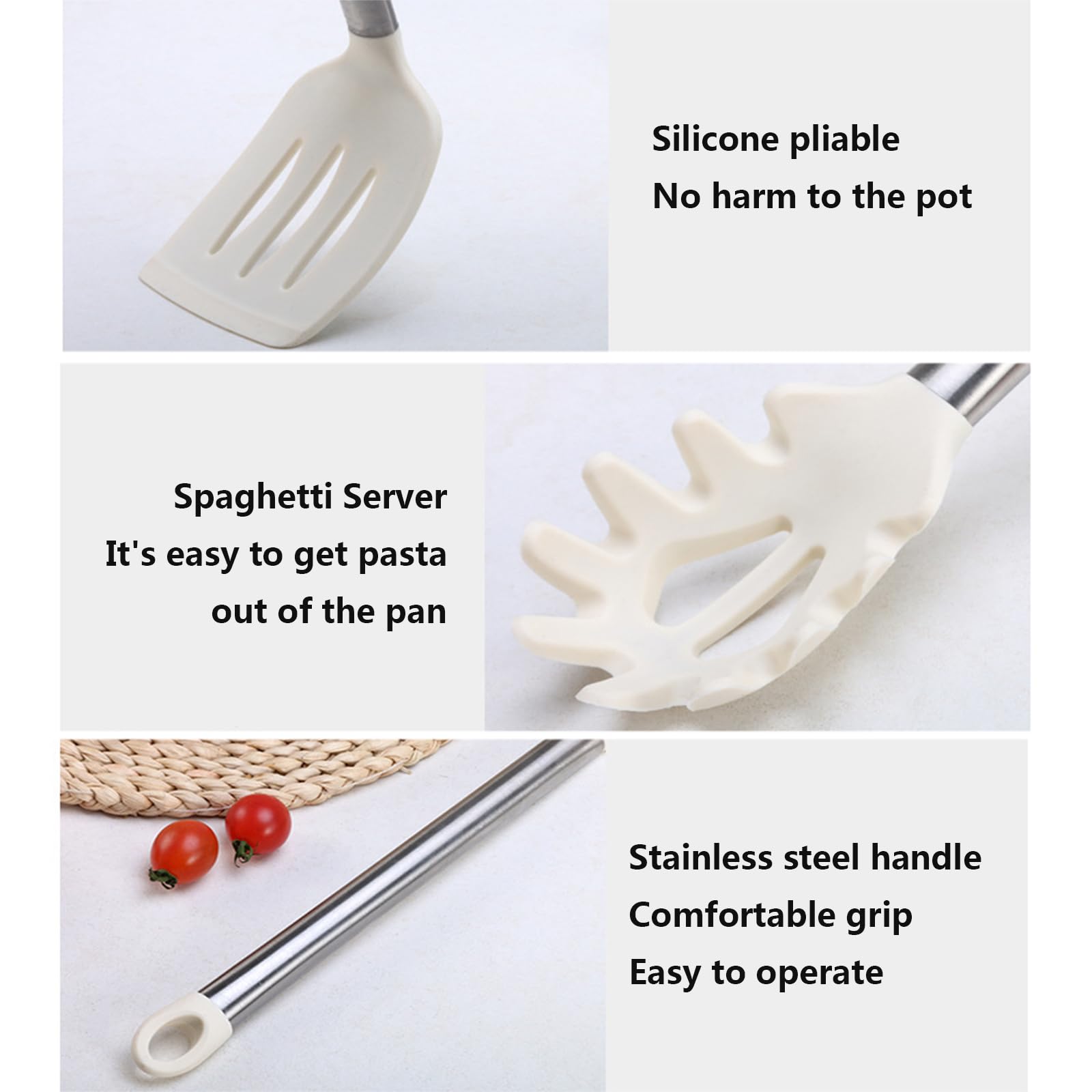 Ensemble d'ustensiles de cuisine en silicone résistant à la chaleur avec poignée en acier inoxydable, passe au lave-vaisselle, idéal pour les ustensiles de cuisine antiadhésifs