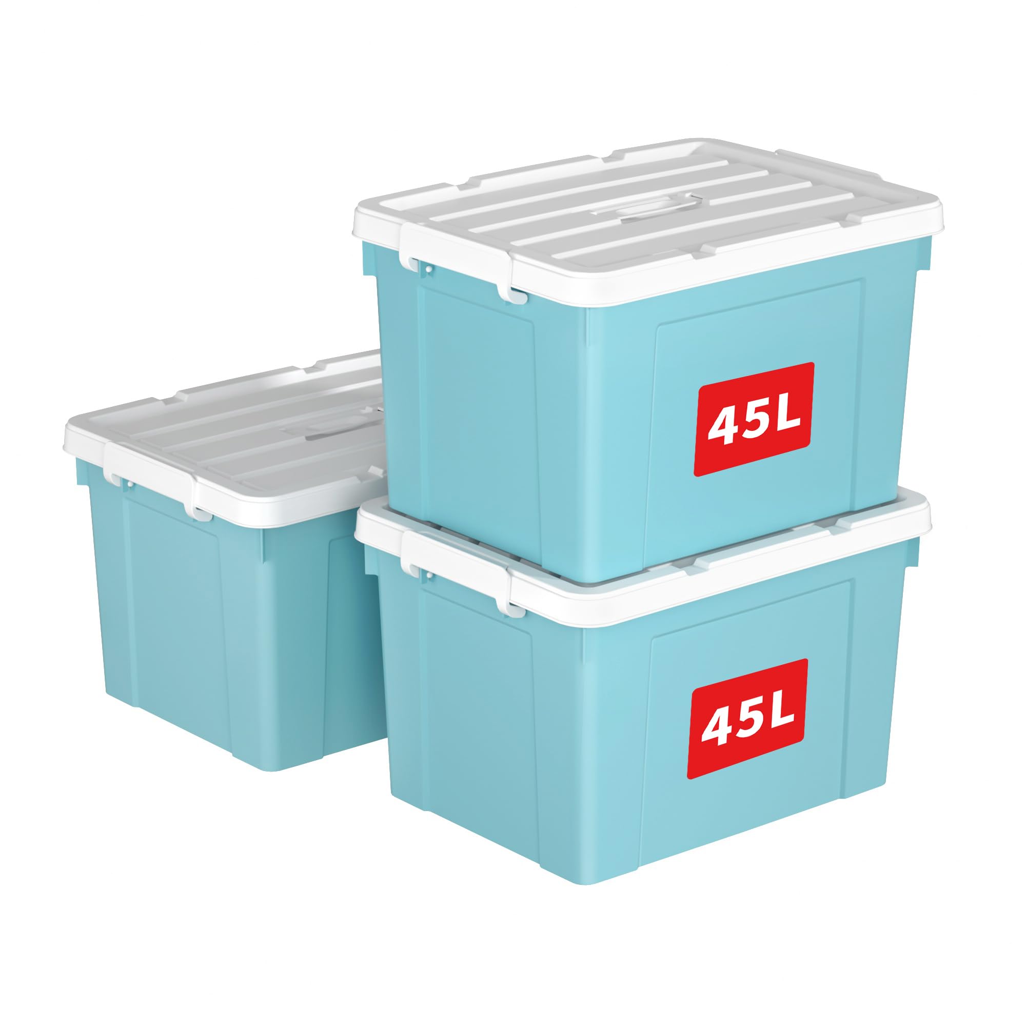 Cetomo 45L*3 Boîte de Rangement, Bac de rangement avec Poignée, Plastique Organisateur avec Couvercle, Empilable, Transportable, pour Vêtements, Bureau, Chambre, Dortoirs, Bleu, 45L - Lot de 3