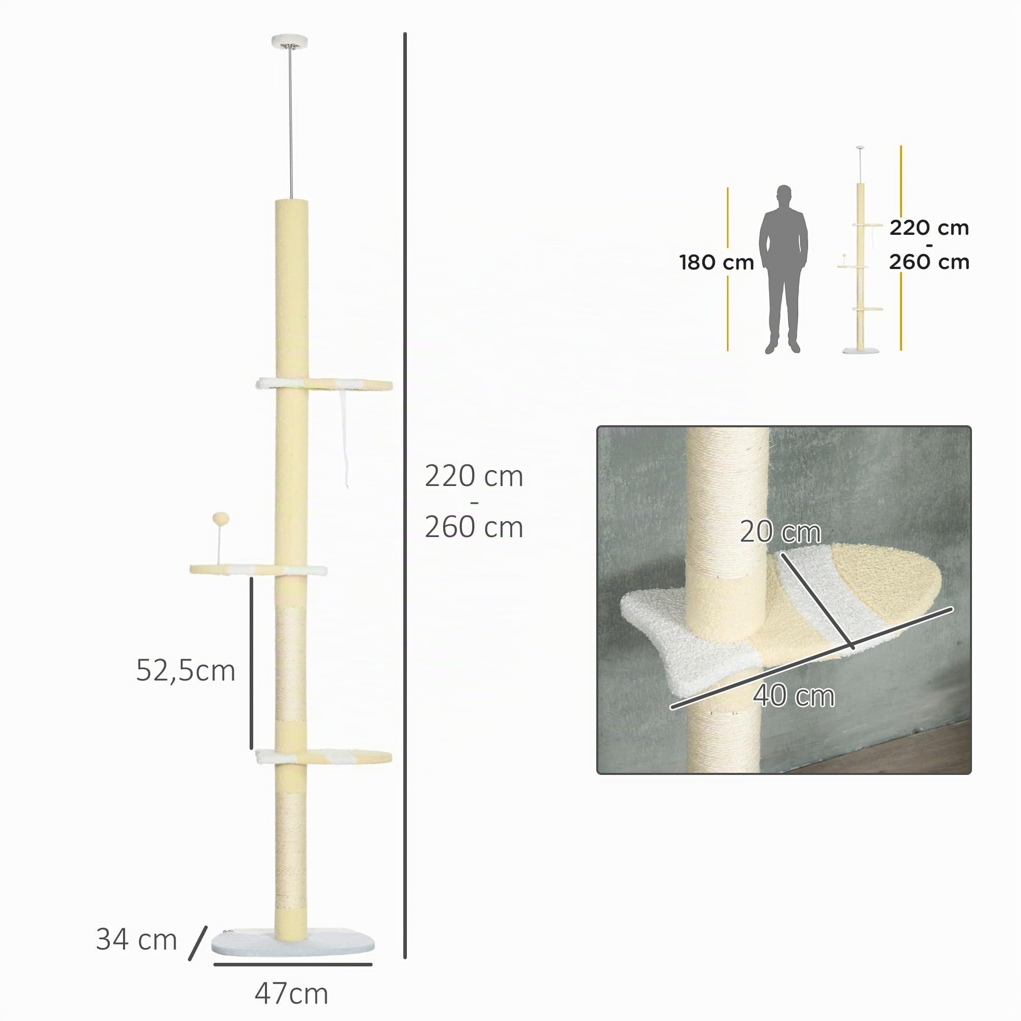 PawHut Árbol para Gatos del Suelo al Techo 220-260 cm Rascador Amarillo | Rascador para Gatos, 3 Plataformas, Poste Altura Ajustable, Escalador de Sisal, Bola para Jugar, 47x34x220-260 cm