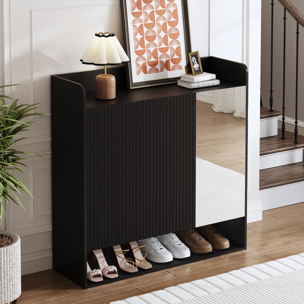 I0I&I0I Zapatero con espejo negro de varios pisos, alta capacidad, ahorro de espacio, moderno zapatero para pasillo, entrada, espacio de almacenamiento, muebles con estructura vertical