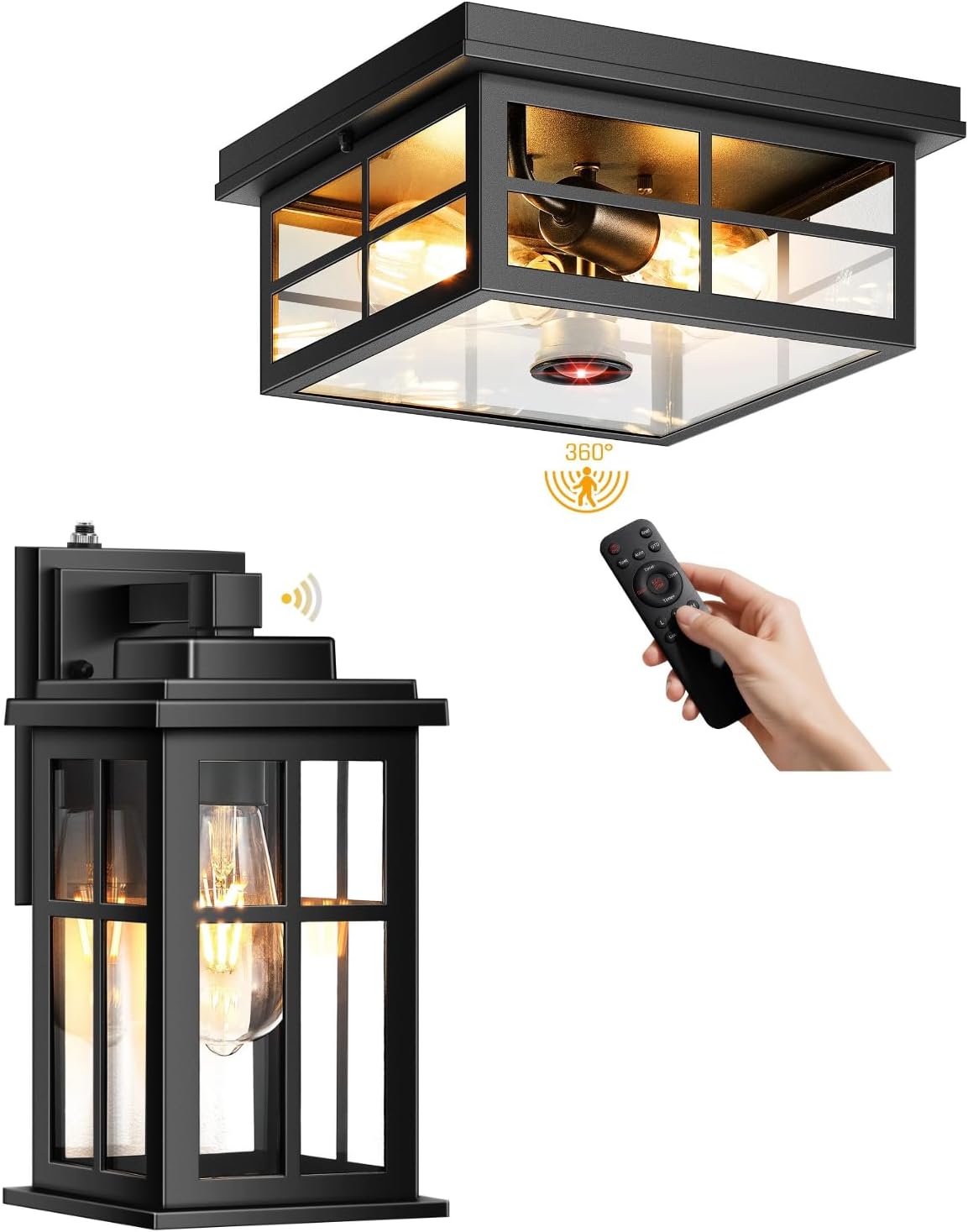 Black Motion Sensor Outdoor Ceiling Light & Black Dusk to Dawn Outdoor Wall Light