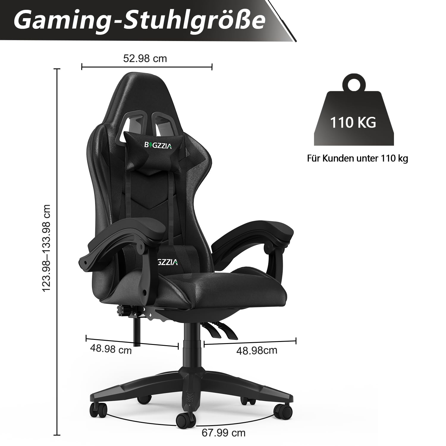 Racingreat Zockersessel mit Kopfstütze und Lendenwirbelstütze (Schwarz) | Ergonomischer Gaming Chair, PU-Leder, 90°–135° Neigungswinkel und Höhenverstellbar, Kinder Junge Erwachsene Büro Familien