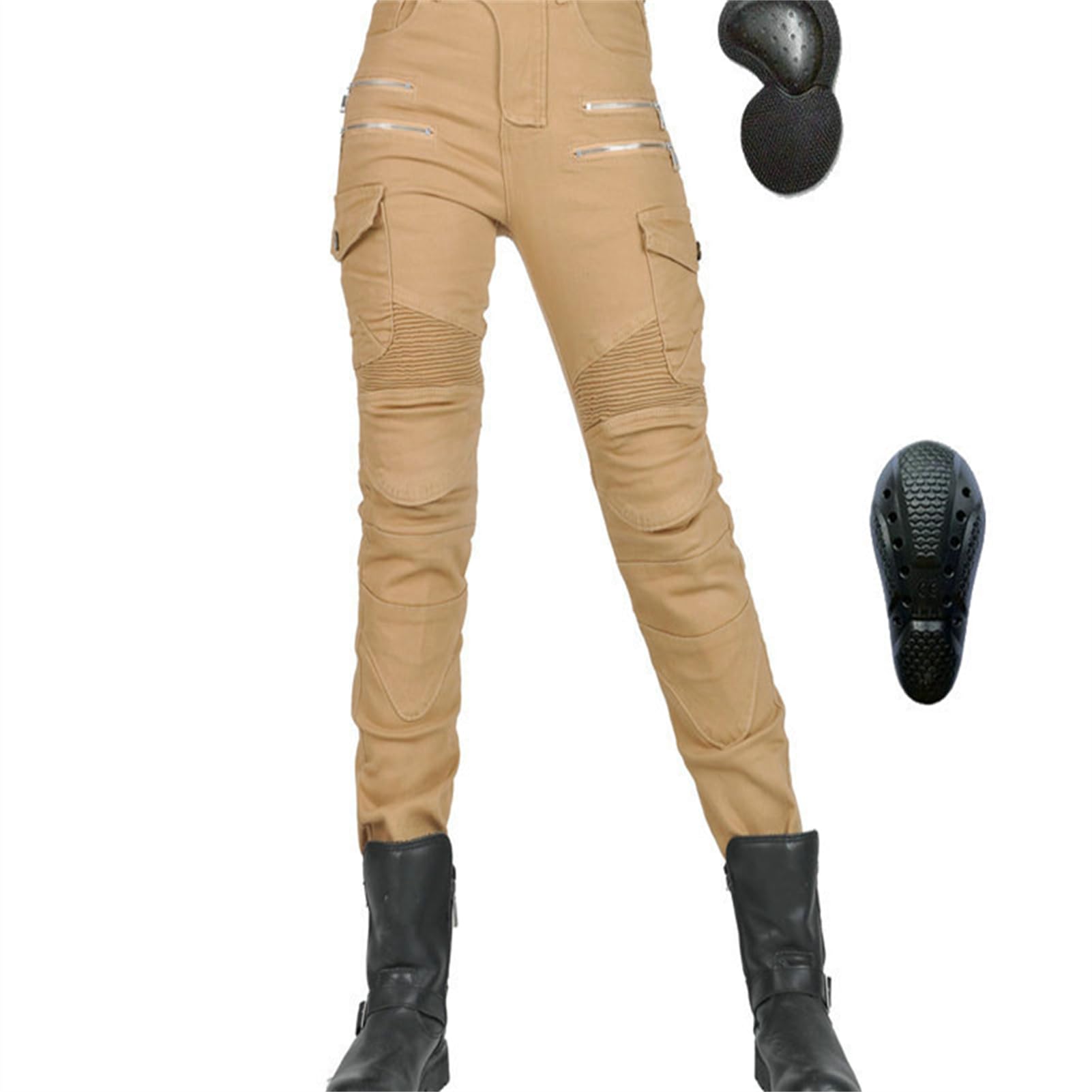 KHAMEO Motorbroek voor heren/dames, beschermende camouflage-jeans, stretch, gepantserd, motorcross, racebroek met afneembaar pantser en waterdicht, valbestendig, ademend, Kaki, L