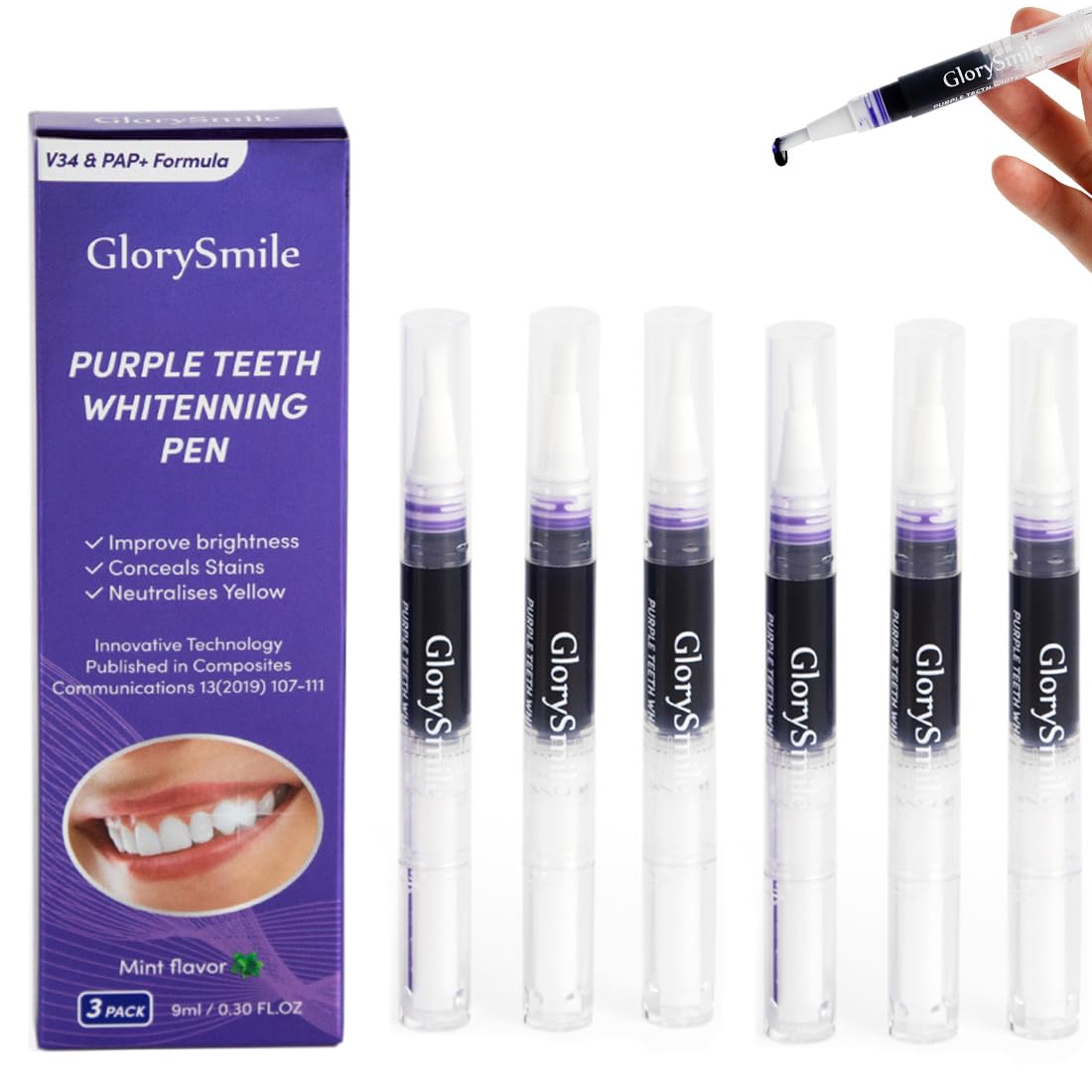 6 Pezzi Penna sbiancante viola, Strisce sbiancanti denti, efficace rimozione delle macchie, rapido sbiancamento dei denti, Penna sbiancante dei denti sicura per tutte le macchie dei denti