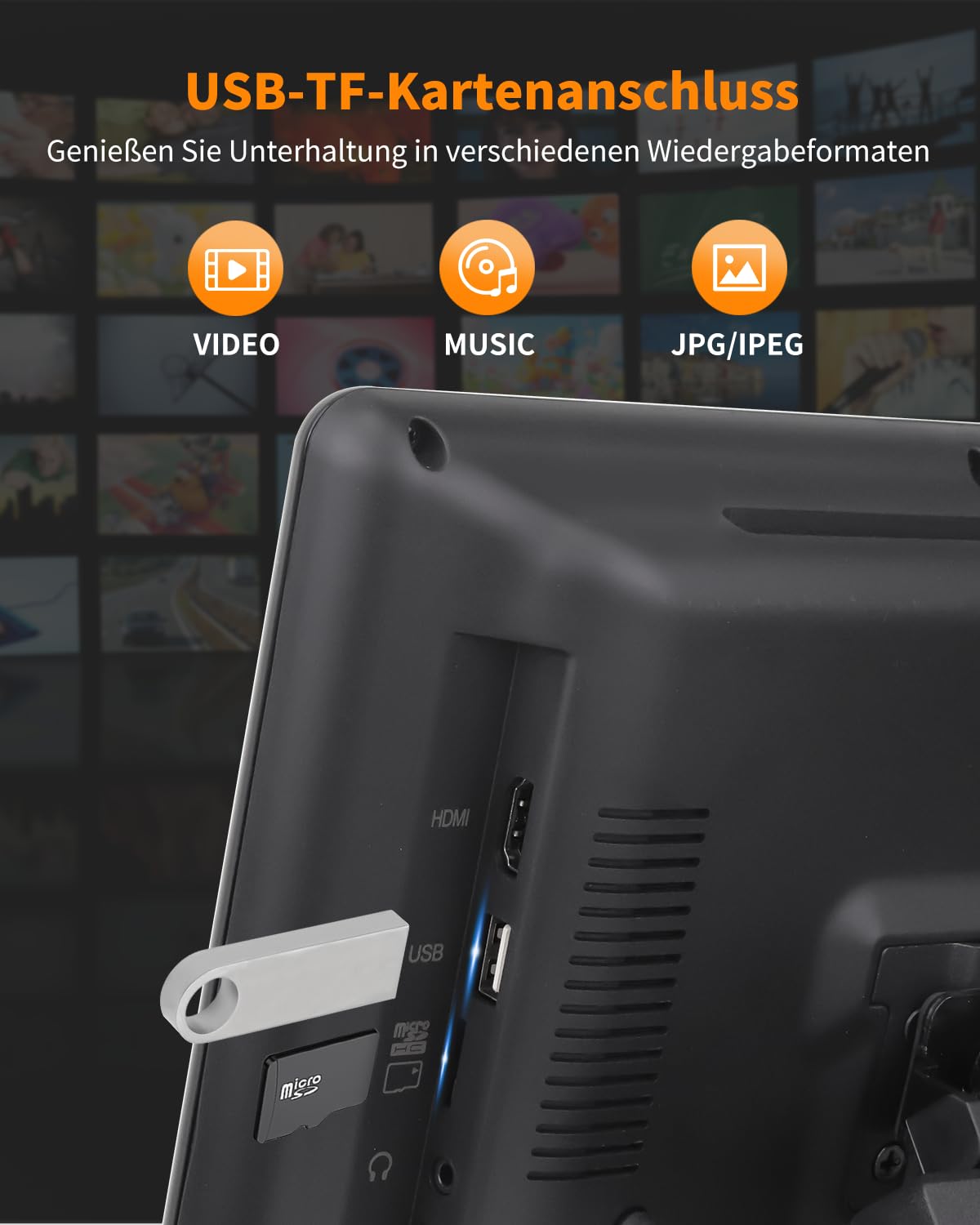 10,1" DVD Player Auto mit HDMI-Eingang, Tragbarer Auto DVD-Player mit Kopfstützenhalterung, Disc-Eingang mit Saugnapf, Unterstützt Letzter Speicher, USB/TF-Karte