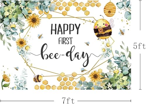 Miniatura 3 de MEHOFOND Telón de fondo para el primer día de las abejas con texto en inglés Happy First Bee-Day para fiesta de cumpleaños de niño y niña, panal,