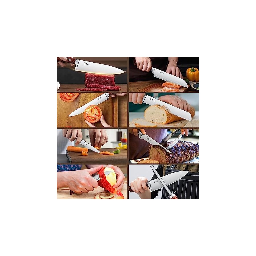 Kitchen Knife Set with Block, HaWare 17 Pieces Stainless Steel Professional Chef Knife Set Include Santoku Bread Carving Utility Paring Chef's Steak Knife and Shears Sharpener Peeler Measuring Spoon