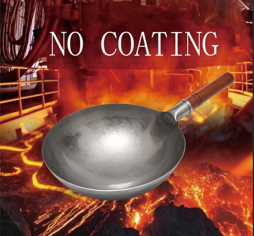 Miniatura 3 de KUNNV Woks de hierro martillado a mano con fondo redondo para estufas de gas (14 pulgadas)