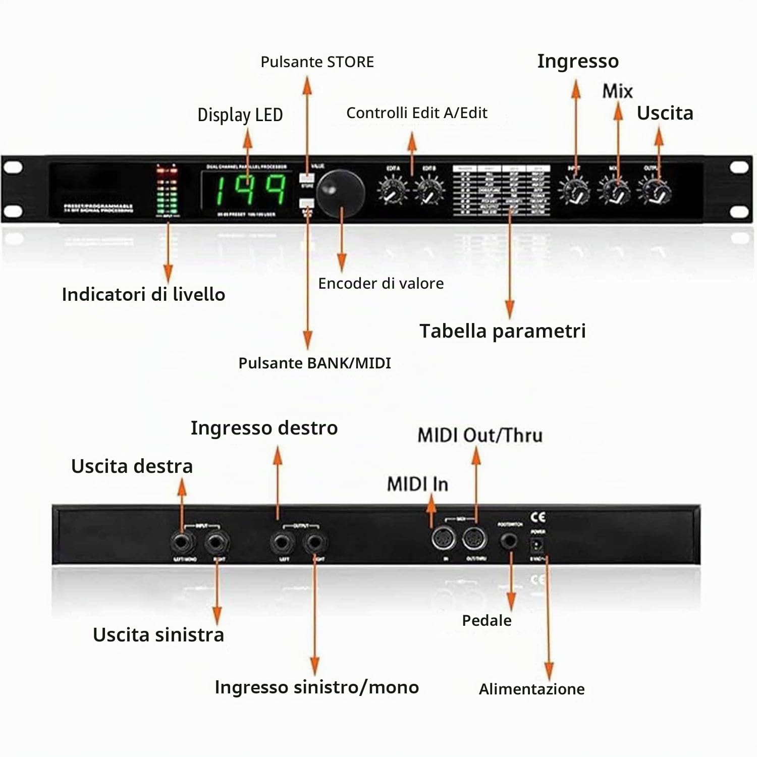 Processore audio digitale con DSP a 24 bit, 99 preset, 199 effetti sonori, riduzione del rumore per registrazione e mixaggio