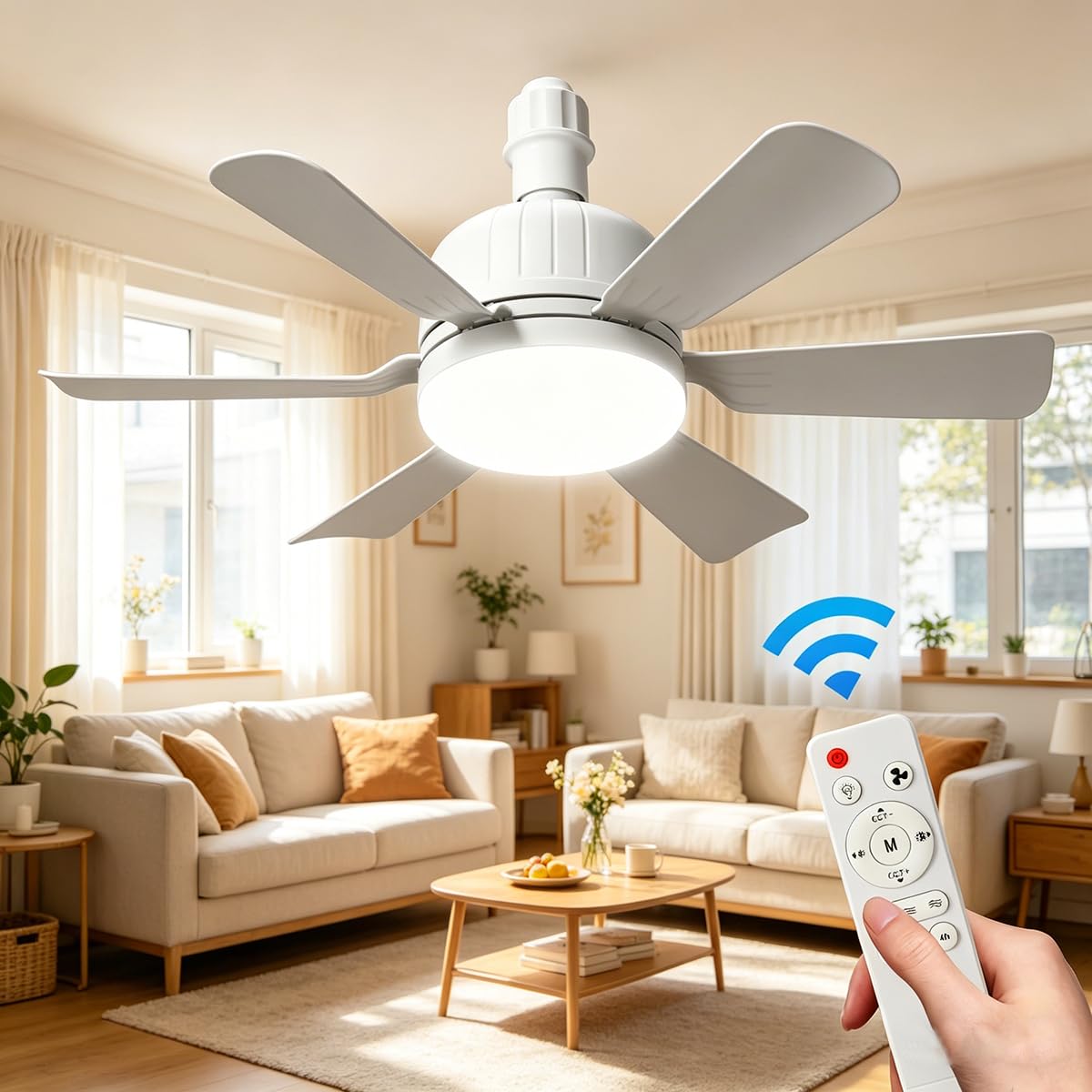OEHUG Ceiling Fan with Light and Remote Control,Ceiling Fan Light Bulb Bayonet Fitting,Ceiling Fans Lights Dimmable, E27 Ceilings Lamp with 6 Blade, 3 Speed Timing (White)