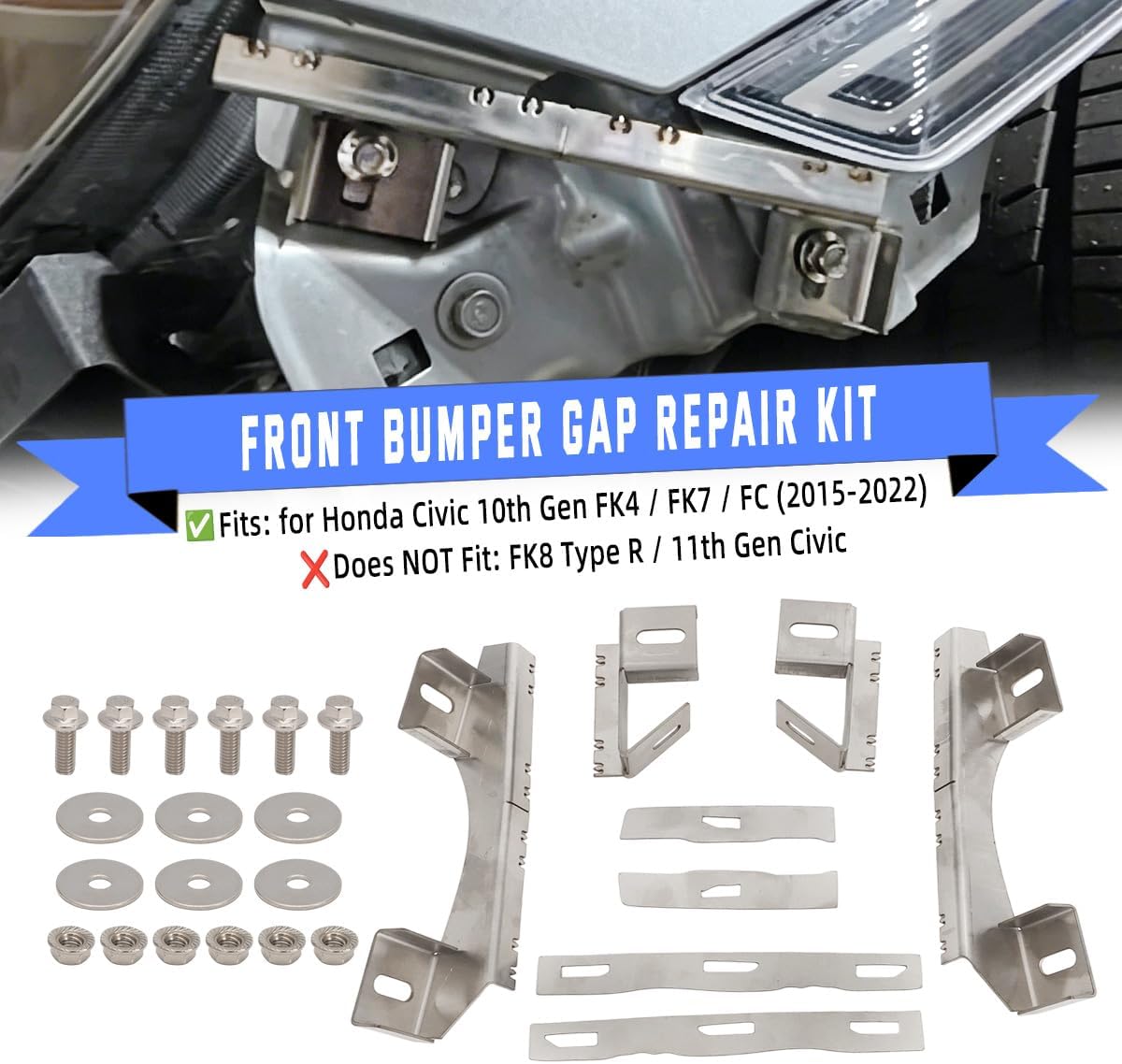 Front Bumper Gap Repair Kit with Reinforcement Tabs & Stainless Steel Lifters for Honda Civic 10th Gen 2015-2022 FK4 FK7 FC (Not Fit FK8 Type R)