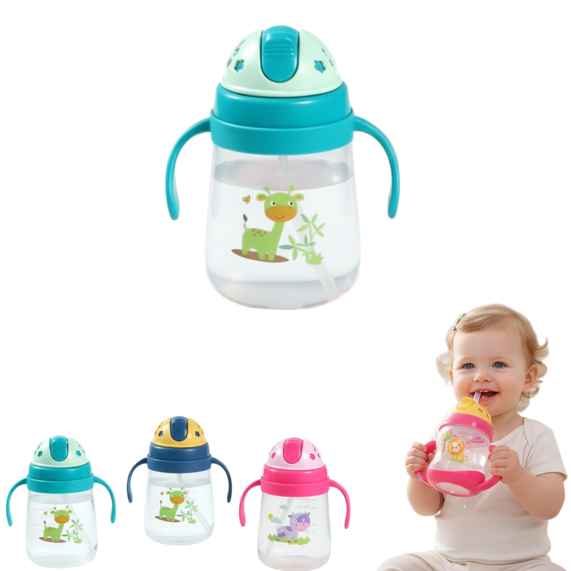 Cartoon Flip Lid Sippy Cup 250ml Leak Proof Straw Cup with Handle Double Layer Insulated Heat Resistant Milk & Water Bottle for Toddlers|Portable Clear Design, Cute Cartoon Print Pack of 1-image-9