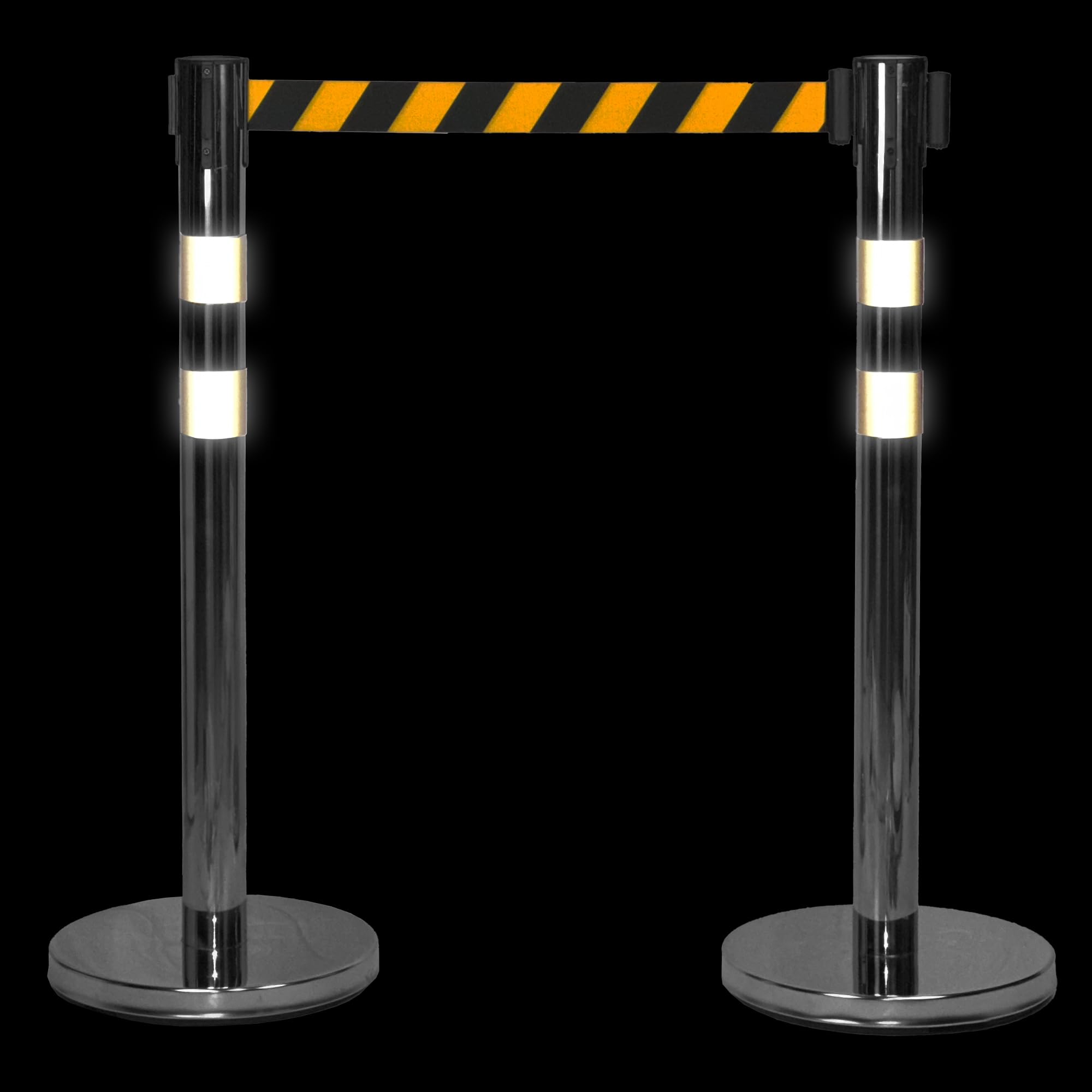 UvV BounceLine Personenleitsystem, Absperrpfosten, Edelstahl, 2 Pfosten 90 cm Hoch je 3 m Gewebeband (Stahl 8 kg (Heavy), gelb/schwarz)