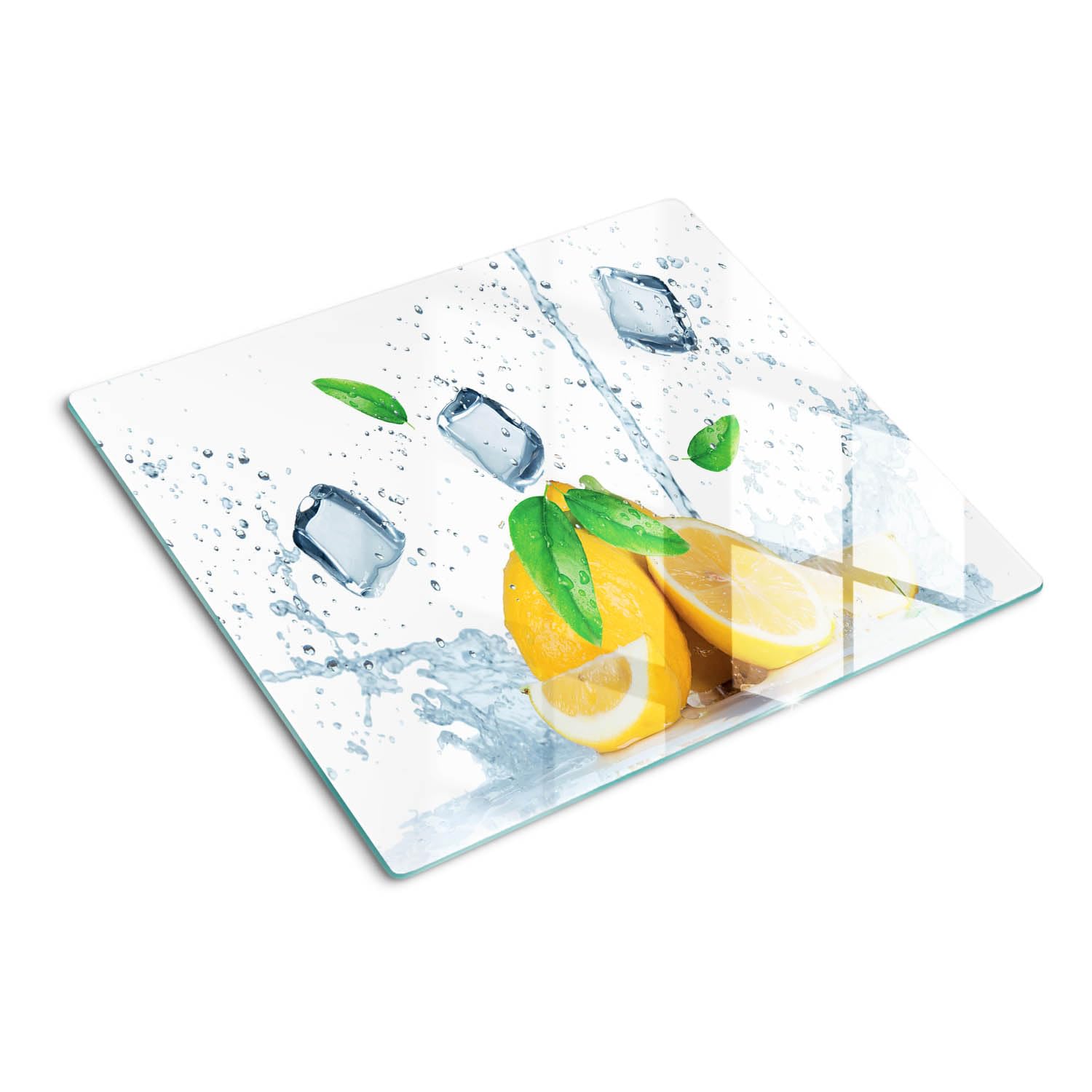 Planche de cuisine en verre 60x52 cm motif glaçons au citron avec bords polis et pieds antidérapants