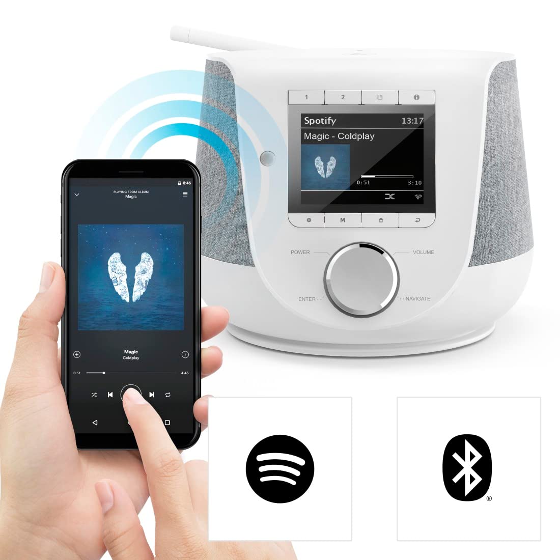 Hama DAB+ Digitalradio Internetradio (Smart Radio mit 2-Wege-Lautsprecher & Handy-Ladefunktion, WLAN/DAB/DAB+/FM, Bluetooth/Spotify Streaming, Stationstasten, Radio-Wecker, App) Weiß