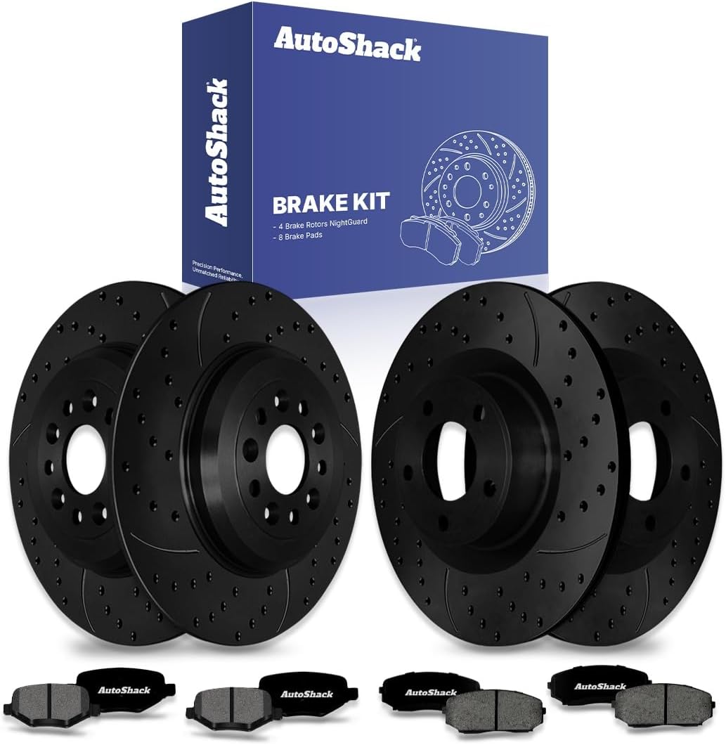 AutoShack Front Vented & Rear Solid Drilled & Slotted E-Coated Brake Rotors + Premium Ceramic Pads 12-PC Brake Kit Replacement for 2011-2014 Ford Edge 2011-2015 Lincoln MKX ShadowGuard