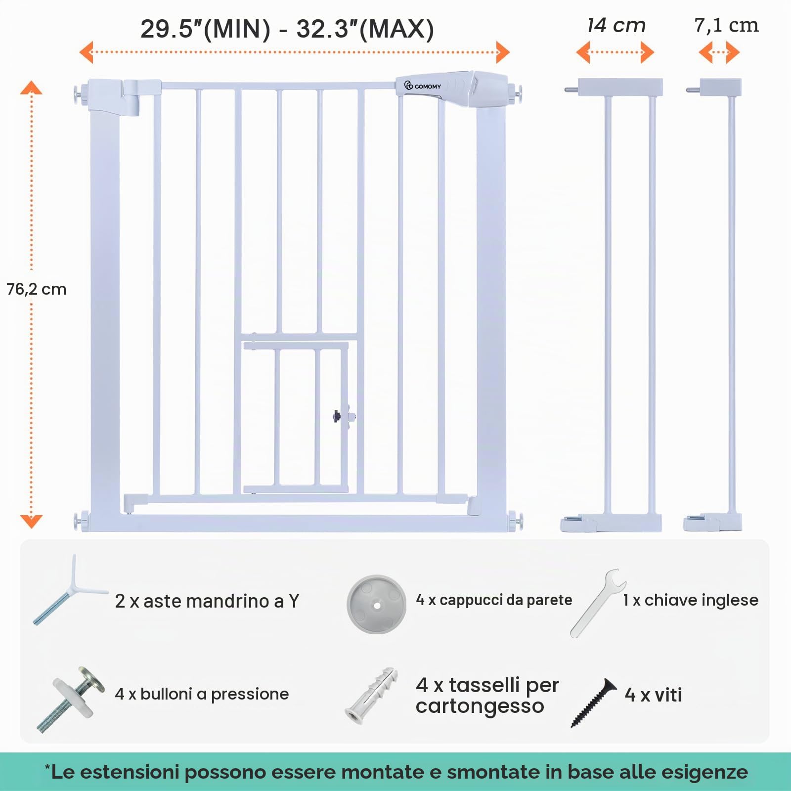 COMOMY Cancello per Cani, 75-103cm Extra Largo Cancelletto Bambini con Porta per Gatti, Cancellino di Sicurezza Montato a Pressione, Chiusura Automatica, 76cm Alto