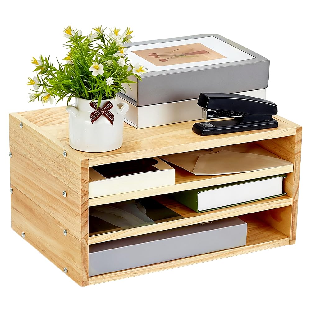 PH PandaHall Organizador de escritorio de madera de 3 niveles porta documentos y bandeja para cartas, clasificador de archivos y estante de mesa, práctico para guardar papel y correo para oficina, 35
