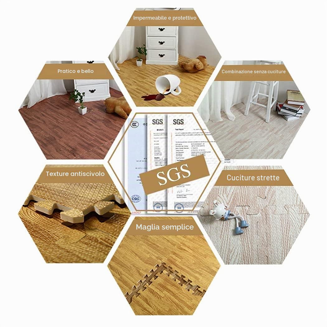 Tappeto per palestra pavimento puzzle: 24 pezzi tappetino incastro 60x60cm tappetini ginnastica fitness casa tatami bambini gioco esercizi legno effetto schiuma eva morbido quadrato interno, Giallo