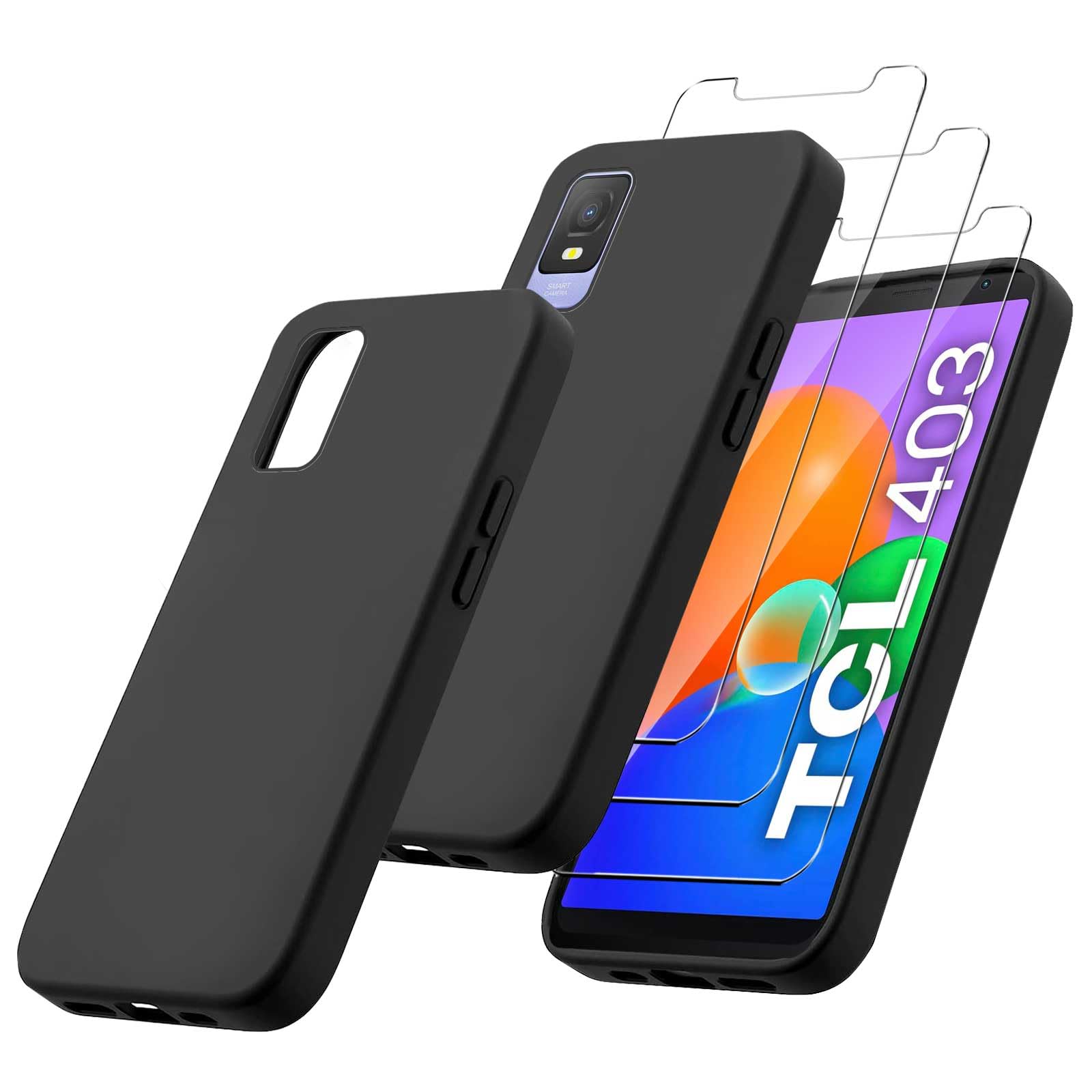 Kit 4 In 1 Per TCL 403: Cover In Silicone Morbido Nero + 3 Pellicole Vetro Temperato 9H