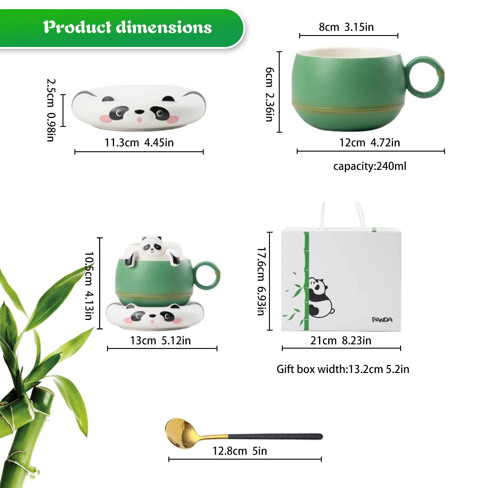 OHAANYY Juego de tazas de té de panda, taza de té y café de cerámica con colador, platillo y cuchara, divertida taza de animales con separador de té, 240 ml, regalo creativo para mujeres (verde y