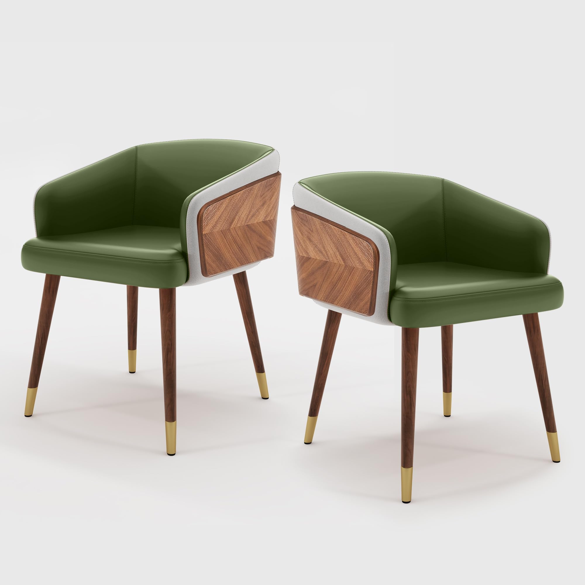 ARTPLAN Mid Century Modern Dining Chair, Set of 2,Faux Leather with Walnut,Uphoolsted Accent Arm Chair,Sitting Chair with Wooden Gold Metal feet,for