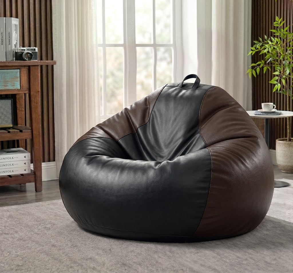 Sattva Classic 4XL Bean Bag Chair with Beans Filled | Faux Leather Sofa Style Beanbags | Pre-Filled Bin Bags Sofa for Adults & Kids | Beam Bag for Home & Office - Black & Brown-picture-27