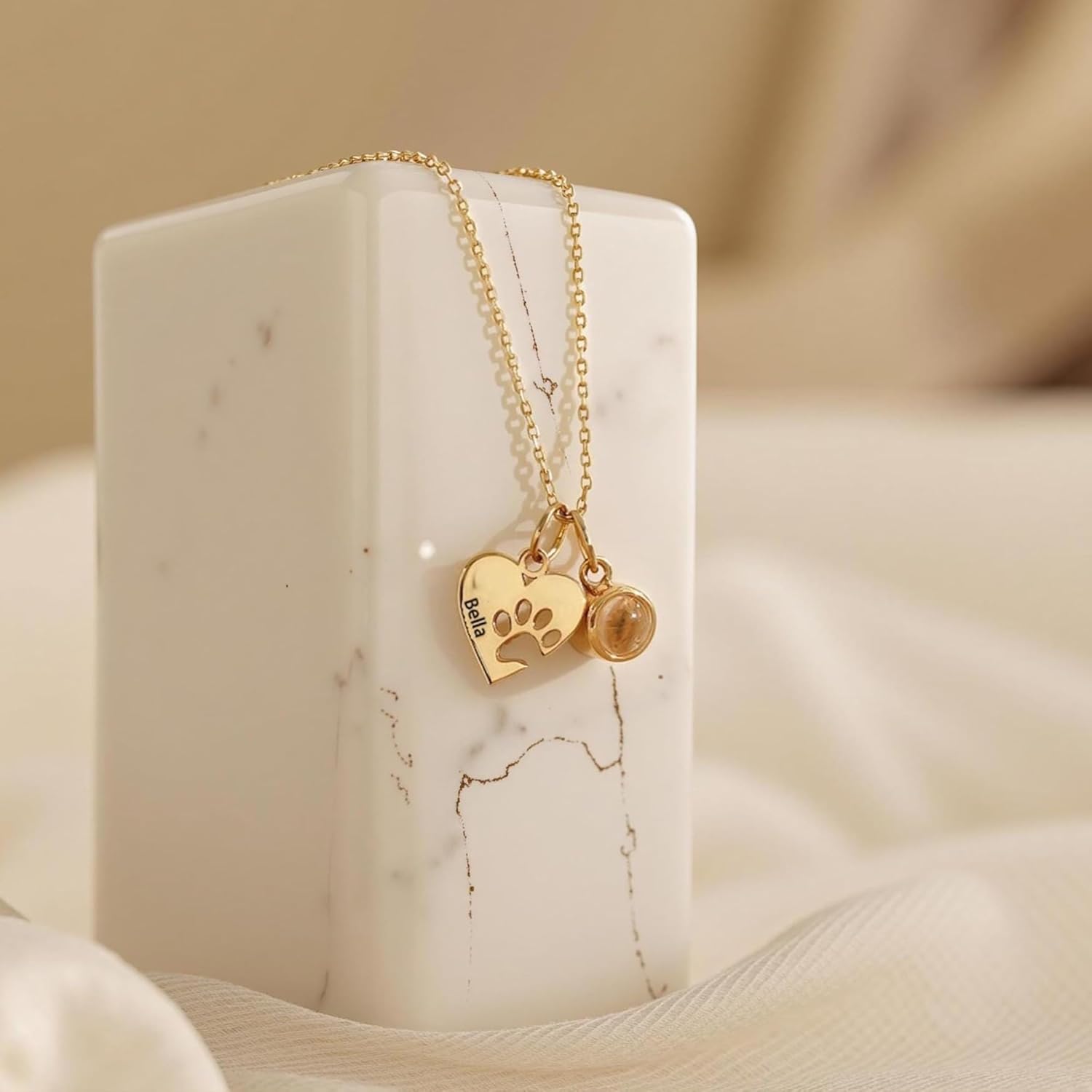 Paw Name Projection Necklace with Heart, Projection Photo Necklace, Customized Picture Inside Jewelry, Pet Memorial Gifts for Women