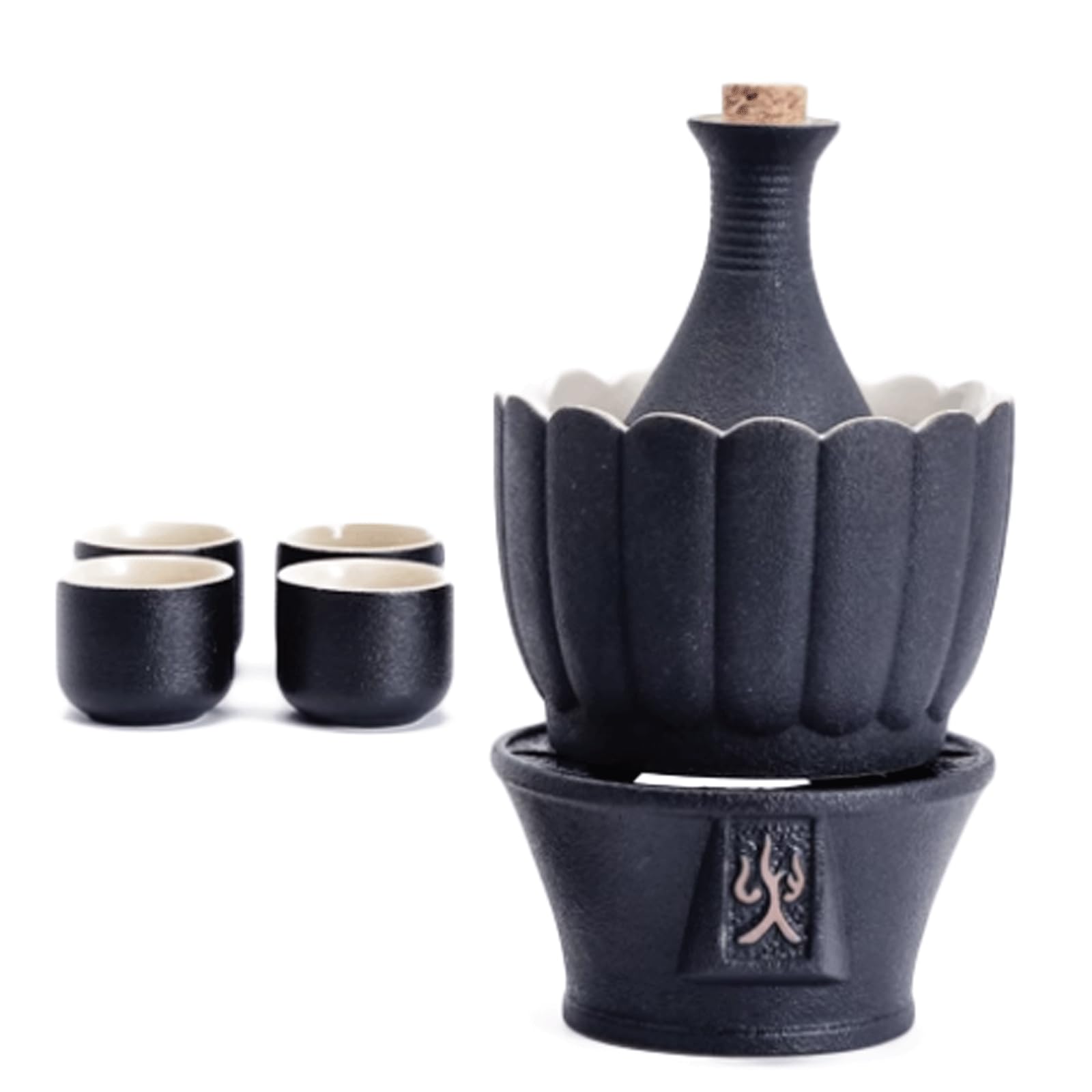 Set da sakè in Ceramica, 7 Bicchieri da Vino smaltati in Nero, con fornello a Candela e pentola riscaldante per servire sakè Caldo e Freddo (Nero)