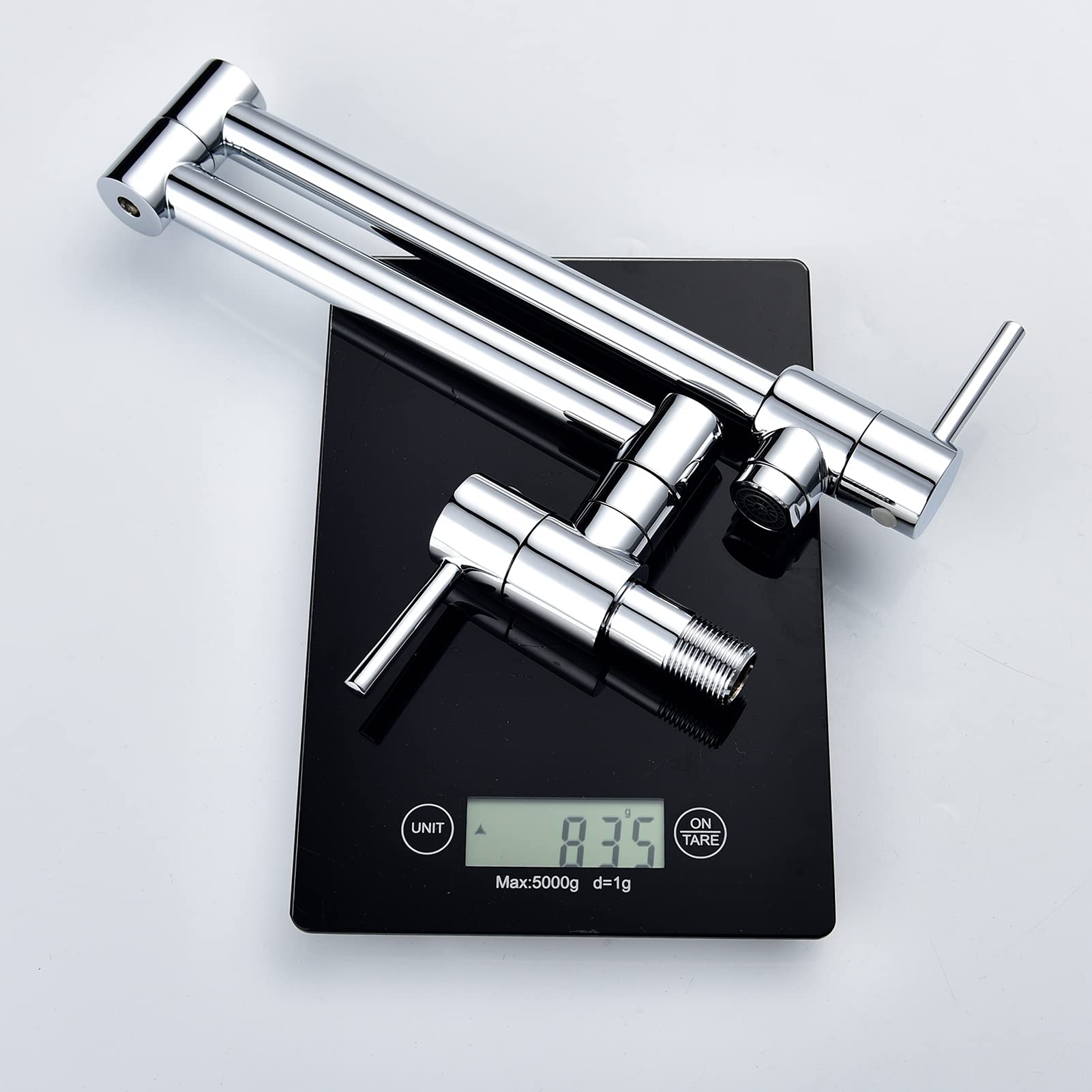 Grifo plegable para llenado de ollas de cocina, grifo de fregadero con brazo oscilante de doble articulación de latón, montaje en pared articulado, dos manijas, latón cromado