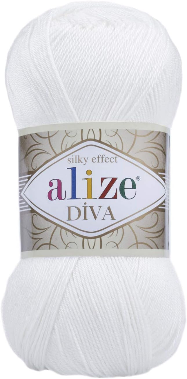 Alize Diva Silky Effect 100% Microfiber Acrylic Yarn Thread Crochet Art Lace Craft Lot of 2 skeins, Each Skein 100g 350m - 55 White
