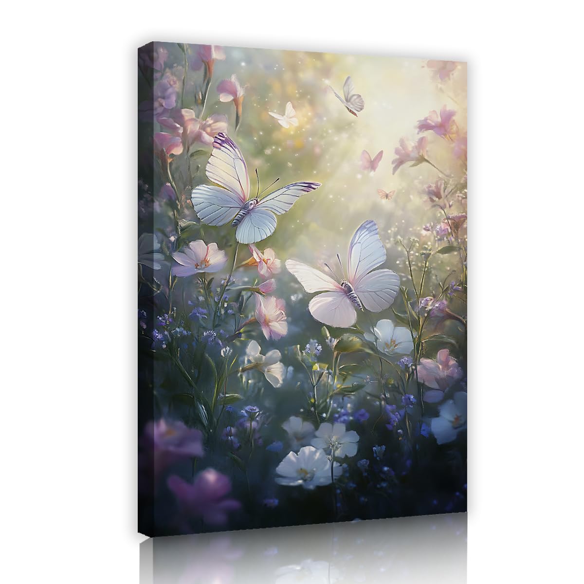 TOANGWALL White Butterfly Floral Canvas Wall Art Garden Insect Flower Poster Prints Dreamy Wildflower Picture Framed Artwork for Living Room Bedroom Studio Decor 80x120cm