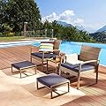 Romayard 5 PCS Patio Chair with Ottoman Wicker Furniture Set Conversation Sets PE Rattan Porch Chair Glass Top Coffee Table Outdoor Garden Bistro Set Sofa Sets