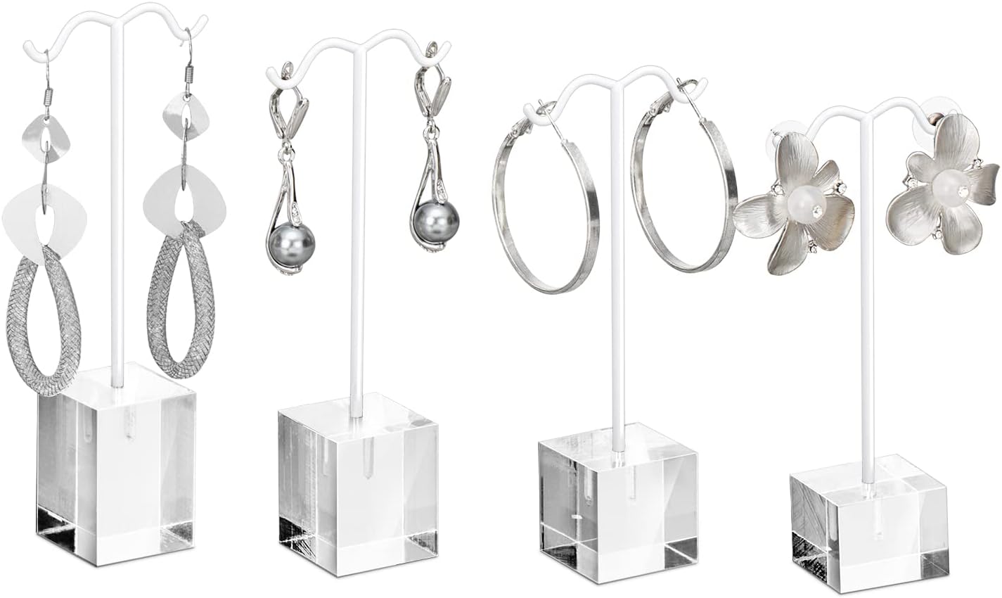 MOOCAMOOCA 4 Pcs Set Acrylic Earring Display Stand - Earrings Holder - Countertop T Stand Showcase - Jewelry Display, White Color