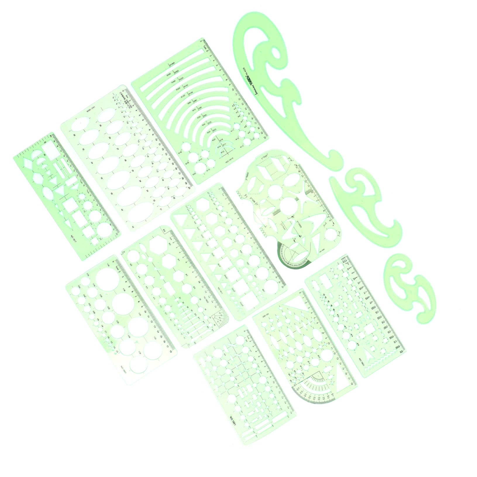 Pochoirs de Dessin Géométrique Règle Multifonctionnelle en Plastique Vert Lot de 13 pour Architecture et Dessin Adaptée aux Architectes et Étudiants en Extérieur