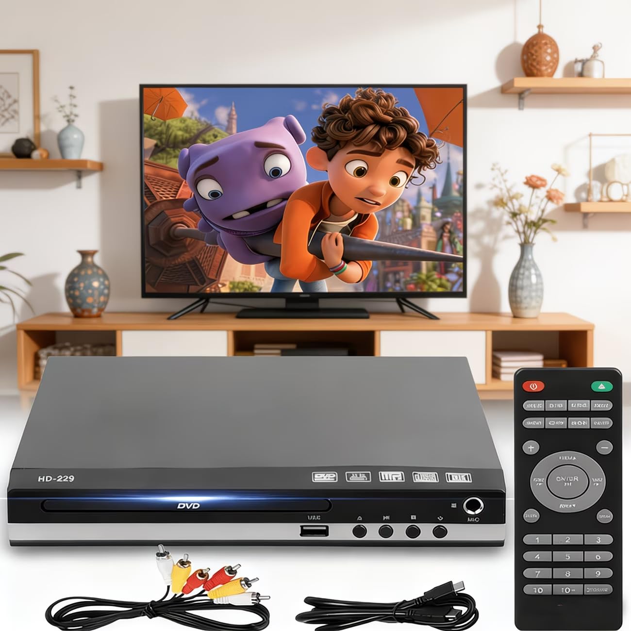 Lettore DVD per TV Home CD con telecomando 1080P HD Compact Player All Region Free HDMI e RCA cavi ingresso USB, supporto monitor e proiettore, TV nuove e vecchie