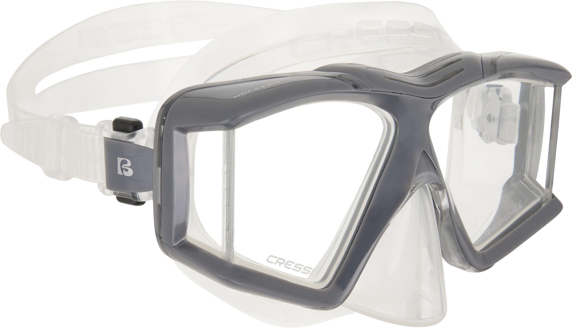 CRESSI Horizon Mask Clear/Graphite - Mask for Diving and Snorkeling Equipped with 4 Separate Tempered Glass Lenses for Uninterrupted Panoramic Vision