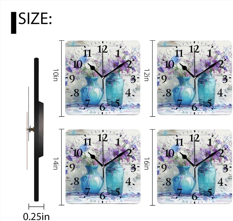 Quartz Wall Clocks Non-Ticking Silent Battery Operated Modern Wall Clocks Decorative for Home,Bedroom-Vases of Purple and Blue Flowers On White Wooden Background(16inch)