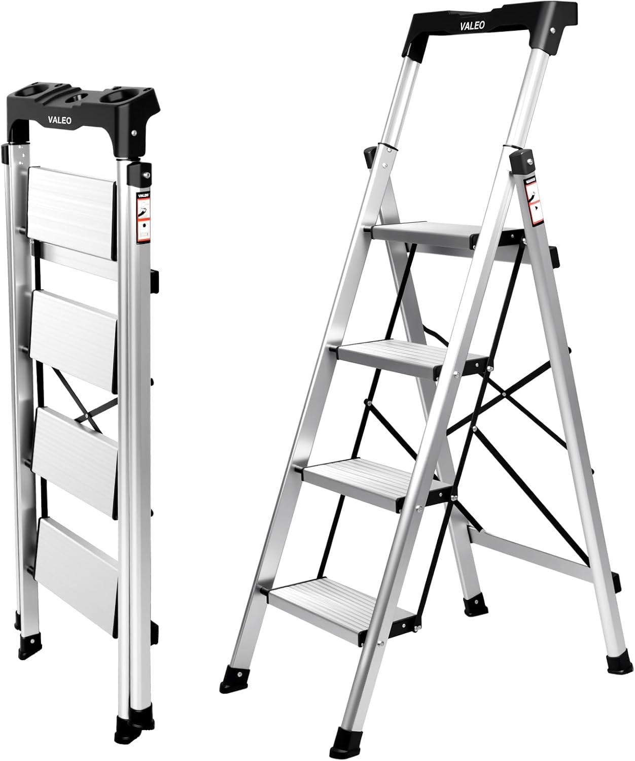 Valeo Aluminium 3 Step Ladder with Retractable Handgrip,Anti-Slip Pedal,330 lbs Capacity,Folding Step Stool for Kitchen, Garage, Home, Space Saving, Sturdy and Portable, Silver
