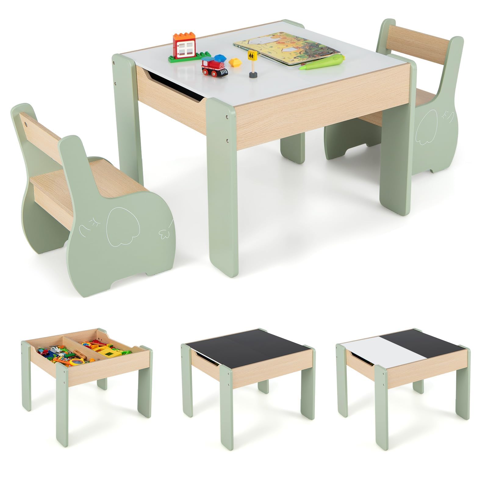 RELAX4LIFE 3 in 1 Tavolino Bambini, Set Tavolo per Bambini e 2 Sedie in Legno, Tavolino Legno con Piano a Doppia Faccia (Lavagna Bianco/Nero) per Giocare, Disegnare e Conservare, per Cameretta (Verde)