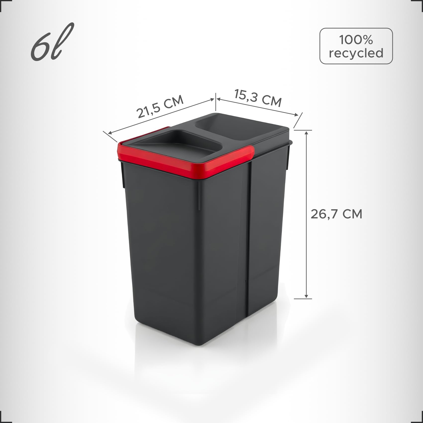 Contenitori raccolta differenziata, 2x15l & 2x6l, pattumiera da cassetto, antracite, salvaspazio da interno, cestini cucina