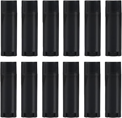 50 tubos de bálsamo labial ovalados de 0.16 oz de plástico vacío, contenedor de lápiz labial negro, botella de tubo de brillo de labios con parte