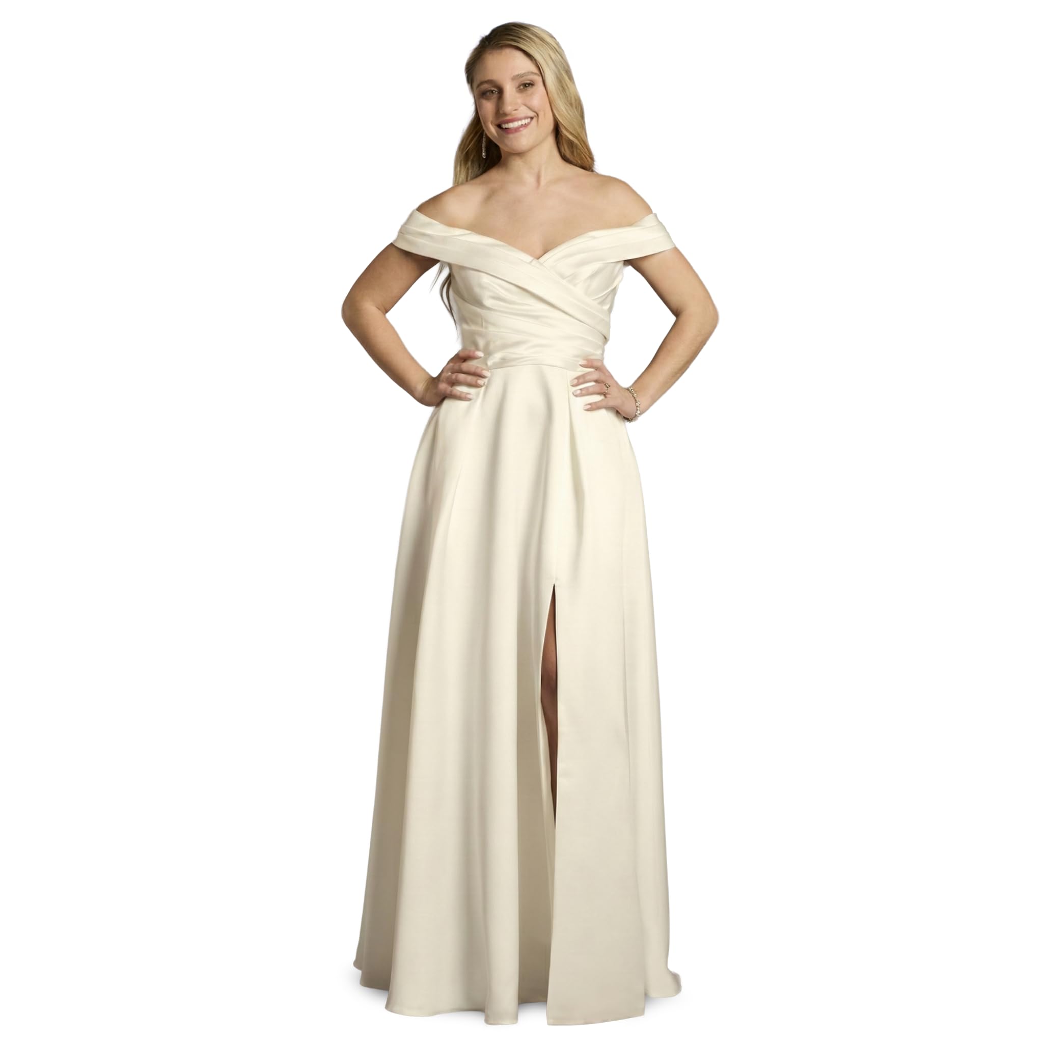 Photo 1 of David's Bridal The Edit Off Shoulder Satin Ball Gown Wedding Dress in Ivory, Bridal Gown for Modern Fairytale Weddings