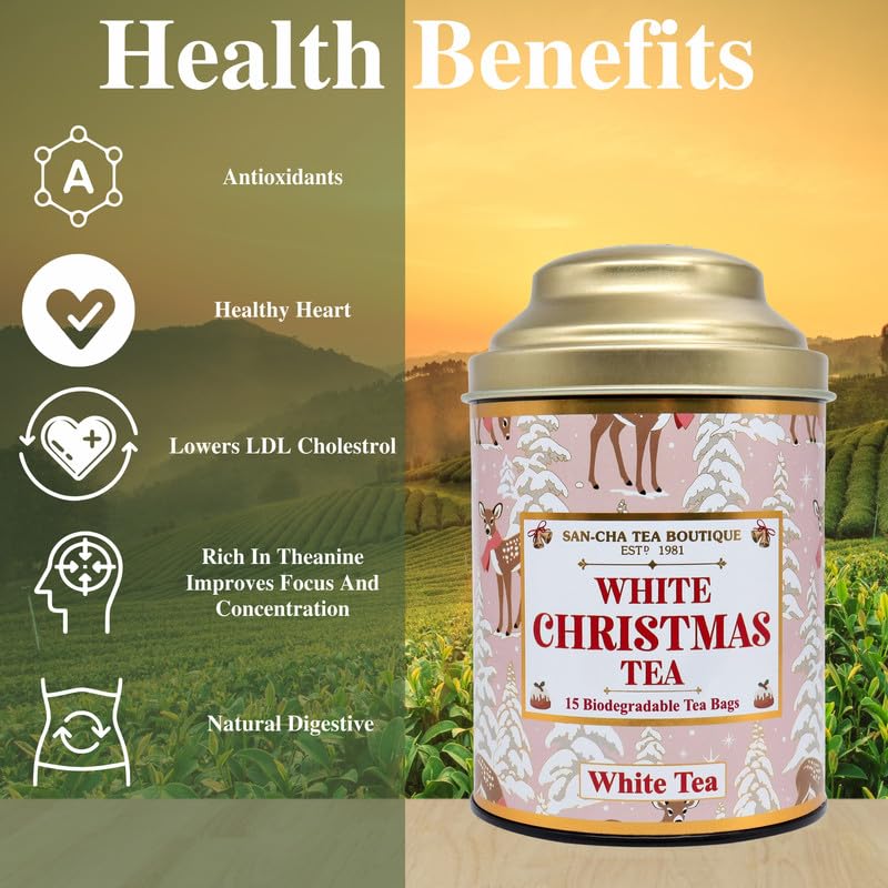 Image of Sancha Tea Boutique, Christmas White Tea, 15 Pyramid Bags | Festive Blend of White Silver Needles with Ginger, Nutmeg, Cinnamon & Clove | Holiday Limited Edition Gift