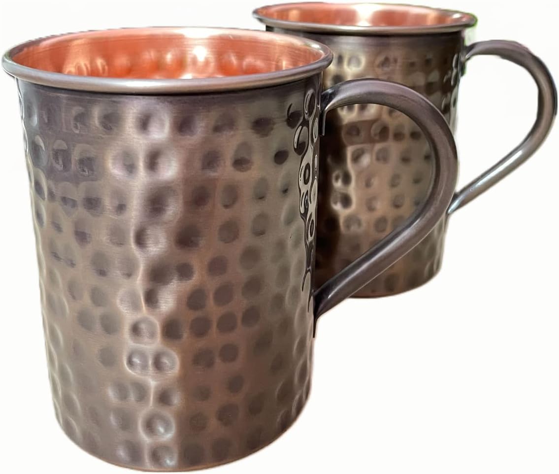 AWF Antique Hammered Finish Moscow Mule Copper Mugs 16 (fl oz) each Strait Design - 100% Food Safe - Hand Crafted - Set of 2 Mugs