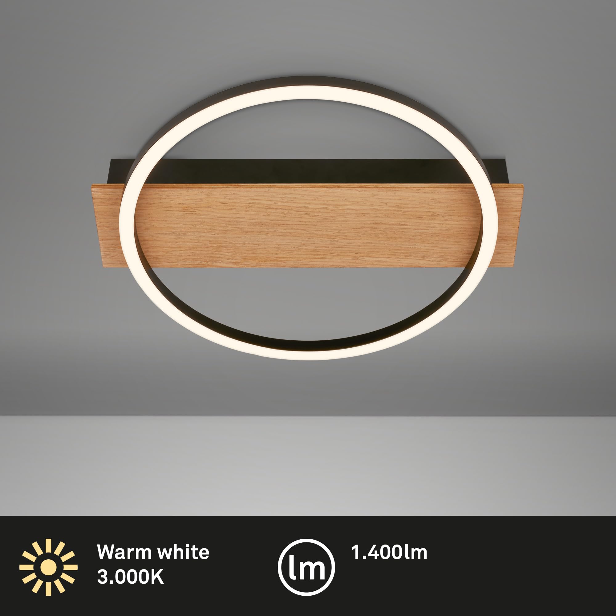 BRILONER - Plafonnier LED décor bois, lumière blanche chaude, 13W, 1400 lm, plafonnier, lampe, lampe de salon, lampe de chambre, lampe de cuisine, 34x30x6 cm, noir-bois