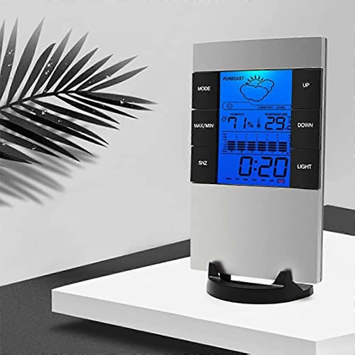 JOYHAPPST Digital Alarm Clock with LCD Weather Display Temperature Humidity Screen Snooze Alarm Electronic Time Management Reminder